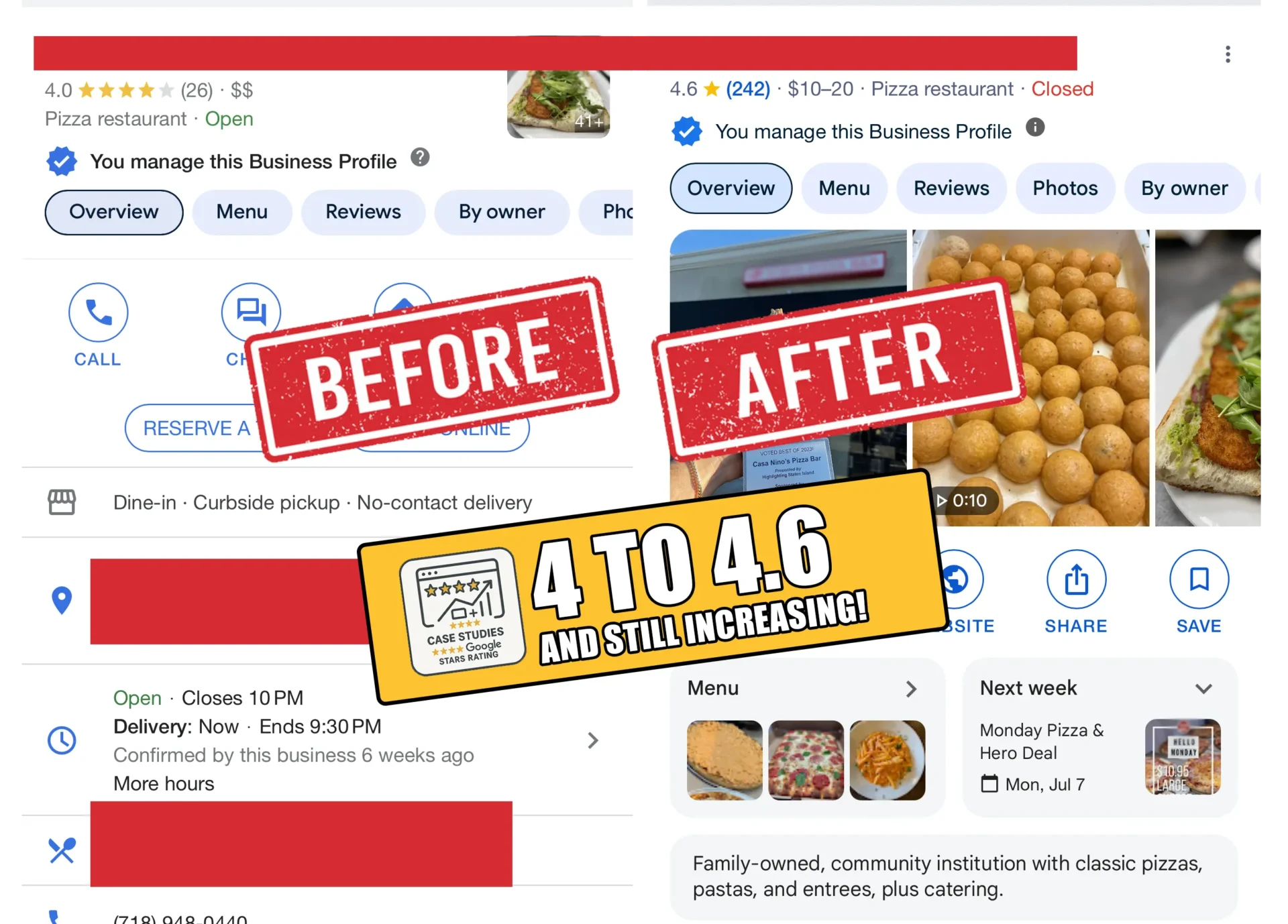 Restaurant Google review results after using SmallBiz.Reviews